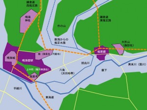 鎌倉街道と東海道、新海池排水路の想定を付加
